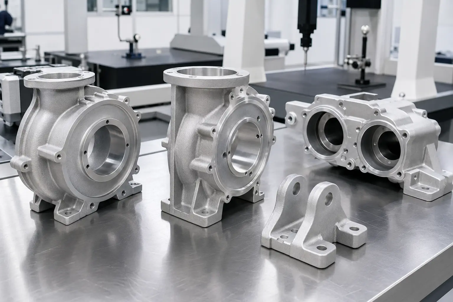 Clean aluminium cast pump housings and engineering brackets prepared for B2B inspection
